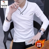 v领长袖 t恤男秋冬季 2025新款 啄木鸟男士 加绒白色休闲打底衫 上衣服