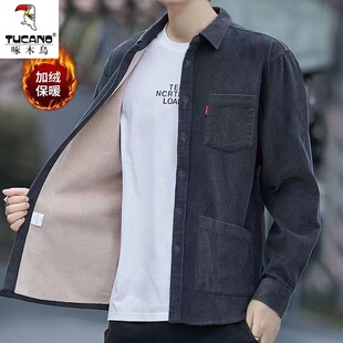 衬衫 工装 男士 新款 多口袋休闲衬衣加绒外套 秋冬季 啄木鸟灯芯绒长袖