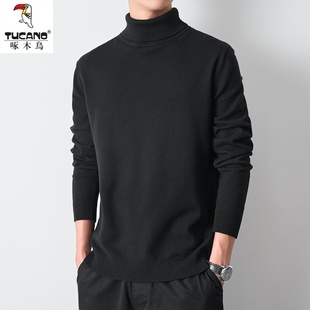 啄木鸟黑色高领毛衣男士针织衫秋冬季修身内搭保暖打底衫男毛线衣