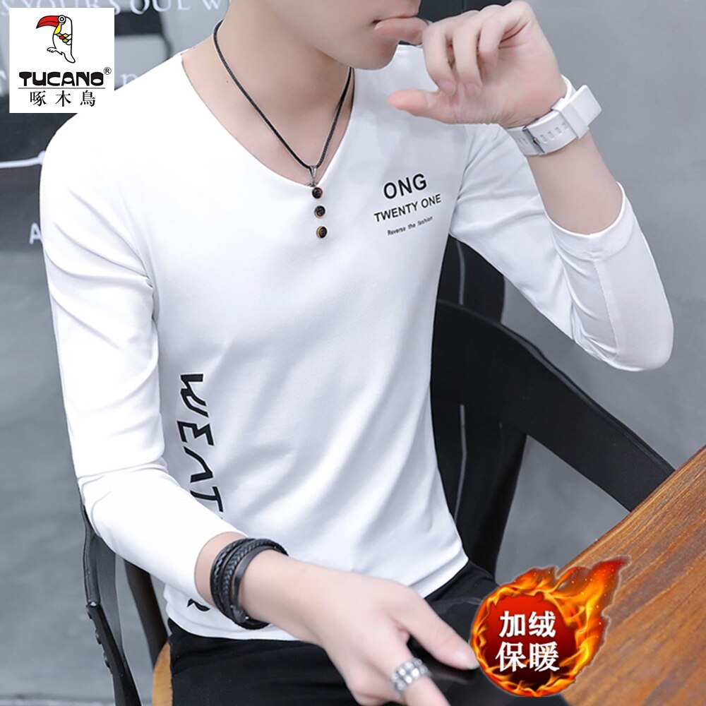 啄木鸟长袖t恤男士秋冬新款鸡心领V领修身上衣内搭加绒保暖打底衫,男装,T恤,淘宝优惠券,粉丝福利购,淘宝优惠卷