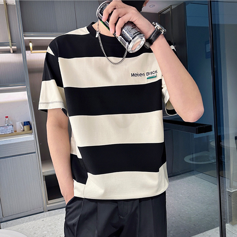 夏季痞帅T恤男ins潮牌条纹半袖2023新款男装半截袖夏装衣服半袖帅_虎窝淘