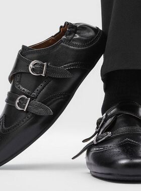 英伦风男鞋乐福鞋2026春季新款圆头带扣平底布洛克单鞋25685-J