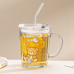 玻璃杯子ins高颜值水杯可爱卡通牛奶早餐杯盖刻度吸管杯宿舍办公