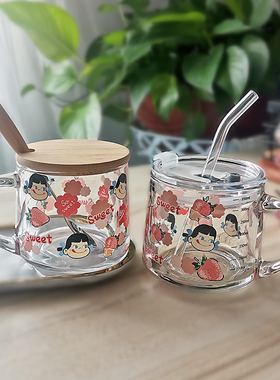 ins玻璃杯吸管牛奶早餐杯甜品杯可爱印花刻度杯子加盖勺女生礼物