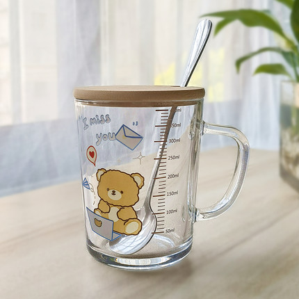 清新ins玻璃杯刻度吸管牛奶杯有盖早餐杯大号茶水杯宿舍情侣礼物