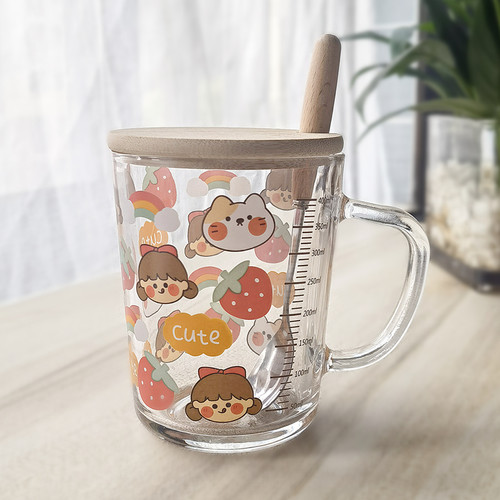ins玻璃杯卡通印花吸管杯加盖勺刻度牛奶杯高颜值早餐杯可爱礼物