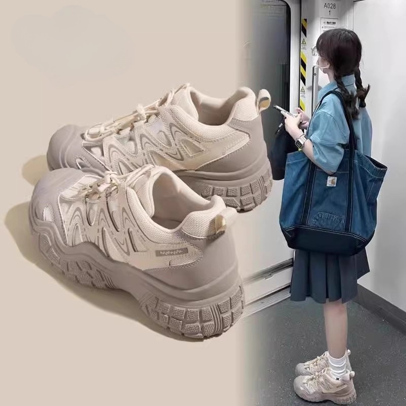 厚底老爹鞋女款2025新款夏季网面透气小个子内增高女鞋运动德训鞋