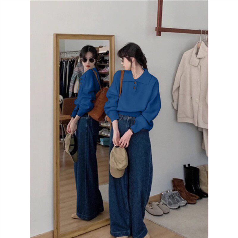 高级感蓝色翻领长袖针织打底衫