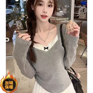 内搭正肩上衣 T恤女早秋胖显瘦美洋衫 大码 辣妹蕾丝拼接磨毛长袖