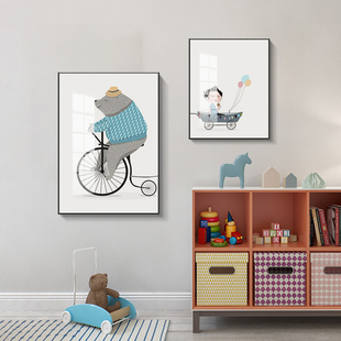 现代简约儿童房装饰画男孩卧室床头挂画小熊女孩房间背景墙双联画