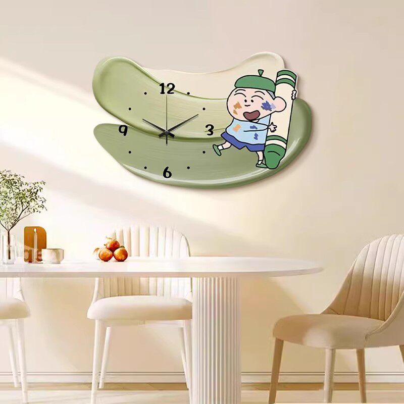 奶油风餐厅装饰画卡通钟表艺术挂画餐桌带灯创意时钟壁画网红挂钟