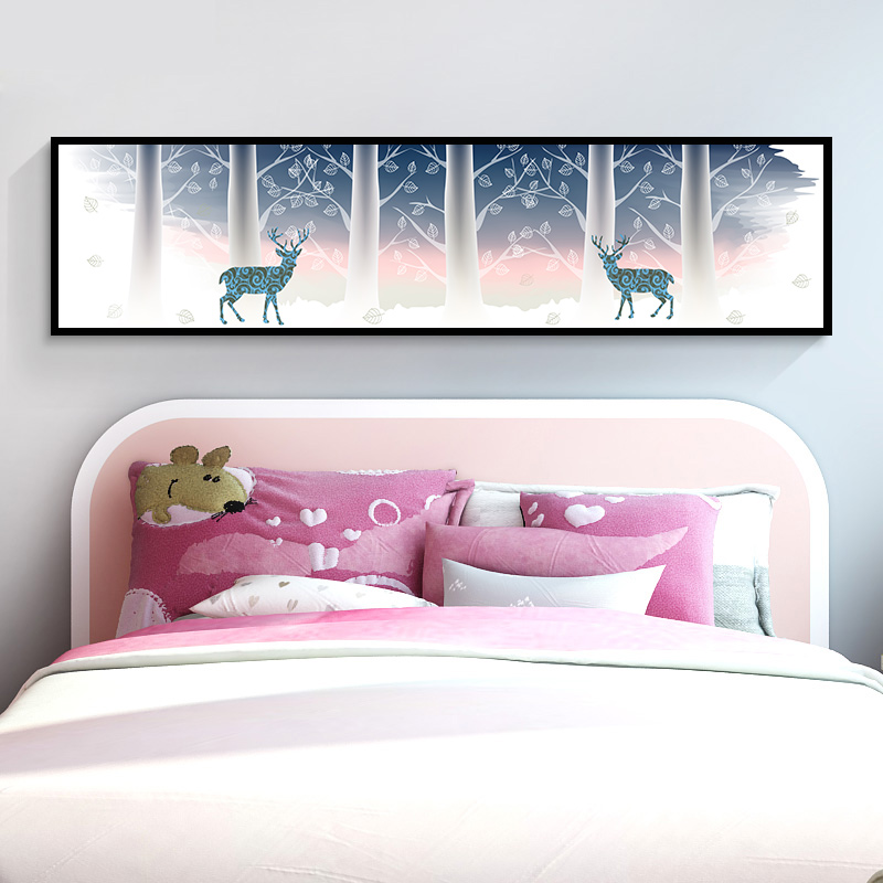 卧室装饰画床头挂画现代简约横版儿童房温馨墙画卡通麋鹿房间壁画图片