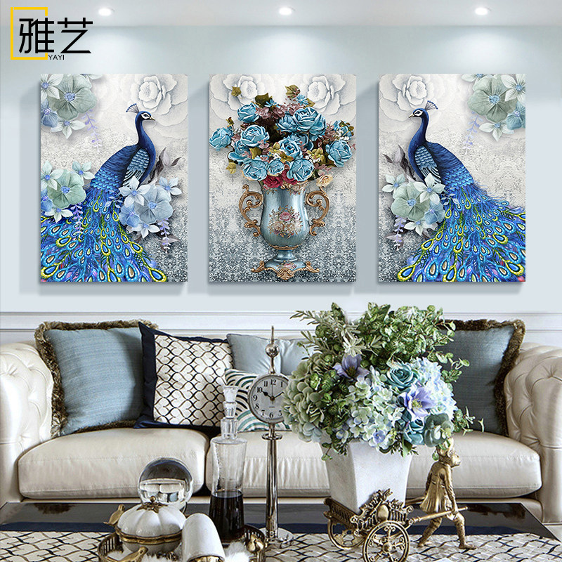 简欧客厅孔雀装饰画沙发背景墙挂画轻奢高级感欧式壁画大气三联画