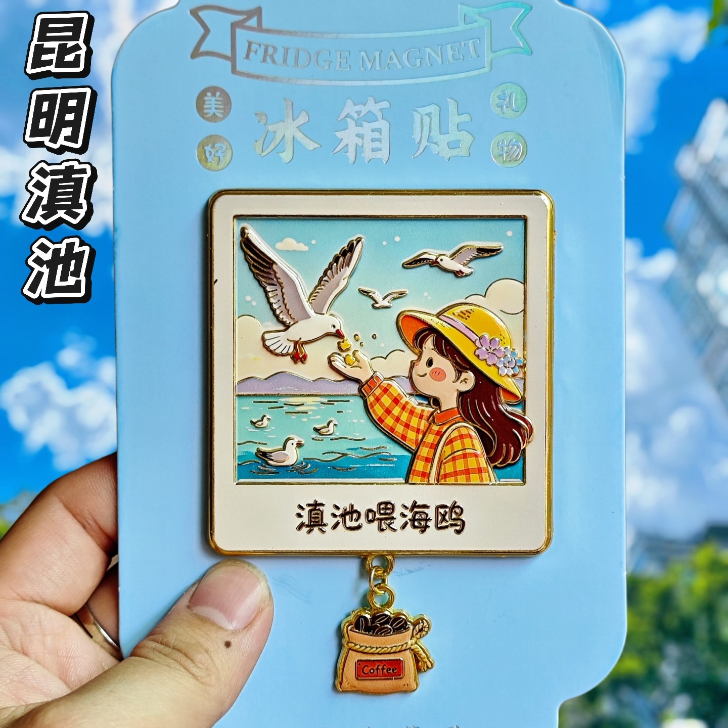 昆明滇池喂海鸥金属冰箱贴纪念