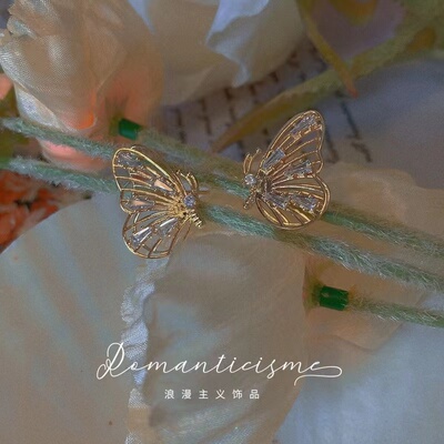 立体蝴蝶耳环镀金925银针复古女