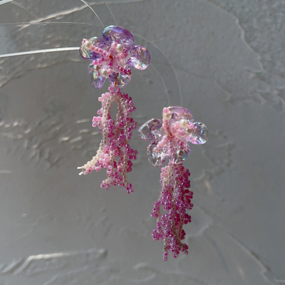 粉色花蔓 仙气花朵串珠流苏耳环耳饰无耳洞耳夹女 2023年新款