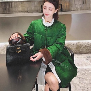 断码 亏血本清货捡漏进口水貂毛翡翠绿色提花国风鹅绒服收腰中长款
