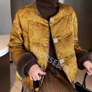 钻扣进口可脱卸水貂毛新中式提花鹅绒服羽绒服女2025保暖短外套