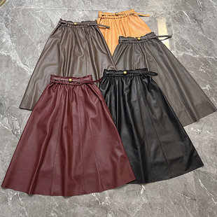 真皮绵羊皮纯皮皮裙女中长款贡针伞裙2024秋通勤过膝a字裙半身裙