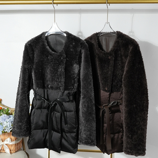 进口拉贡羊羔毛皮毛一体拼桑蚕丝鹅绒羽绒服外套女系带中长款24冬