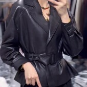 欧货真皮皮衣外套女系带收腰显瘦英伦风绵羊皮夹克2026春秋新款 潮