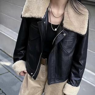 进口油蜡羊皮羊羔毛皮毛一体大毛领鹅绒服25冬真皮羽绒服短外套女