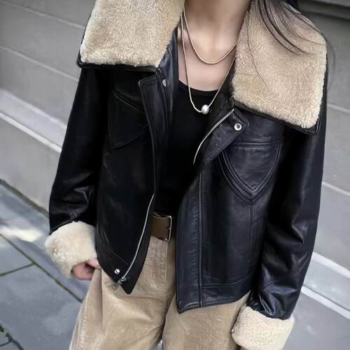进口油蜡羊皮羊羔毛皮毛一体大毛领鹅绒服26冬真皮羽绒服短外套女