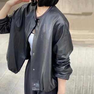 薄款进口全植鞣绵羊皮皮衣外套女2024春秋宽松圆领通勤真皮皮夹克