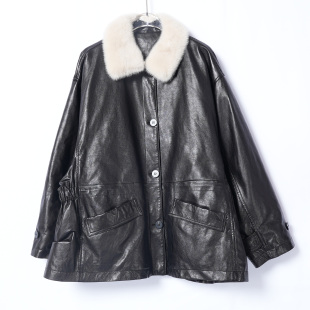 进口水貂毛领真皮羽绒服女2026冬绵羊皮白鹅绒胖mm宽松外套欧洲站