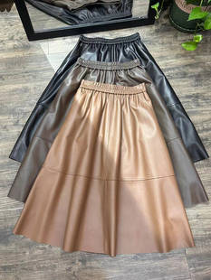 松紧高腰真皮半身裙女士显瘦遮胯绵羊皮中长裙秋冬a字伞裙大摆裙