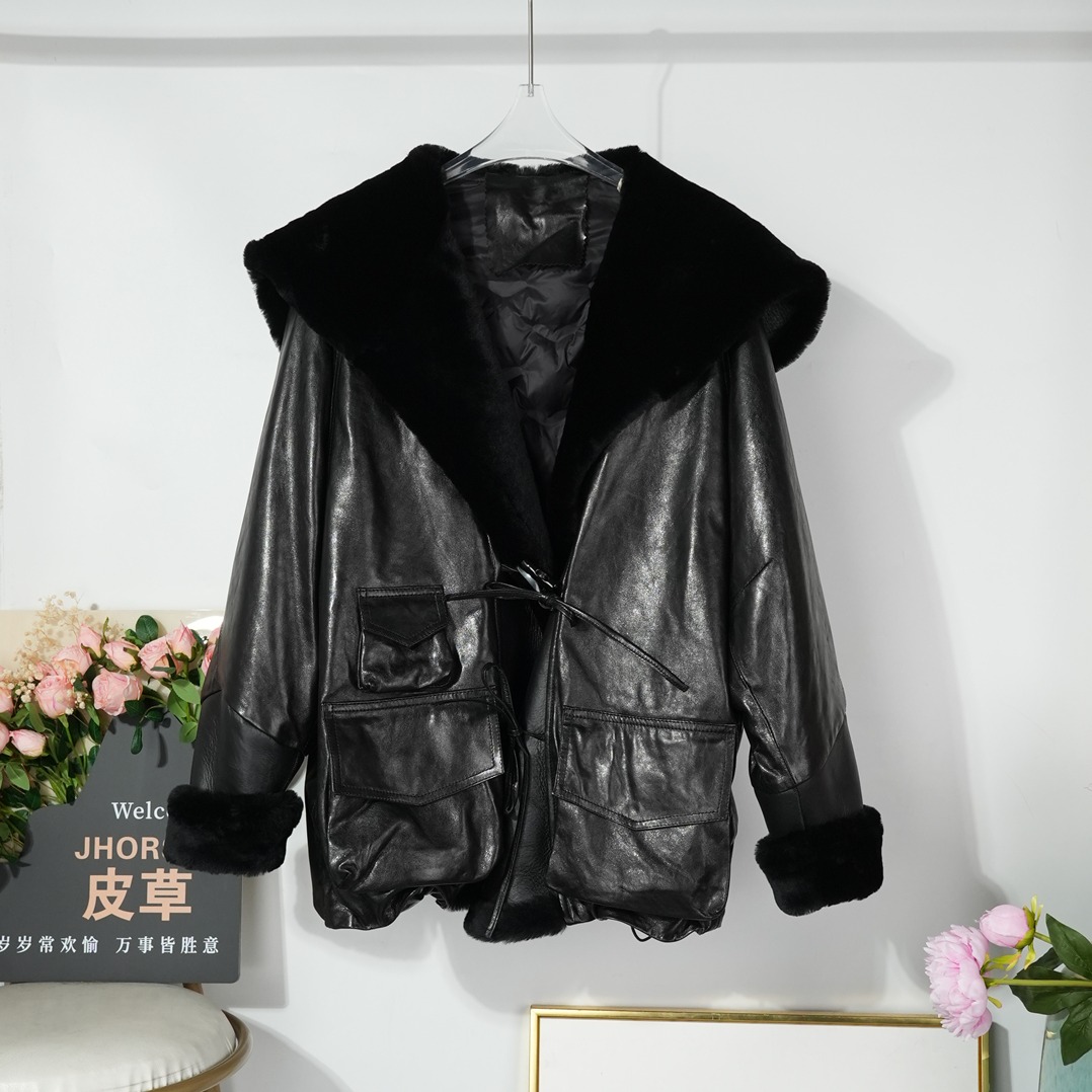 羊羔毛皮毛一体大翻领绵羊皮鹅绒