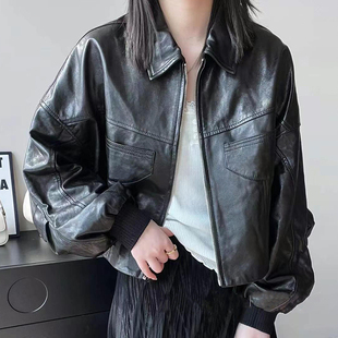 欧货真皮皮衣褶皱设计感绵羊皮短外套女2026春秋休闲翻领皮夹克