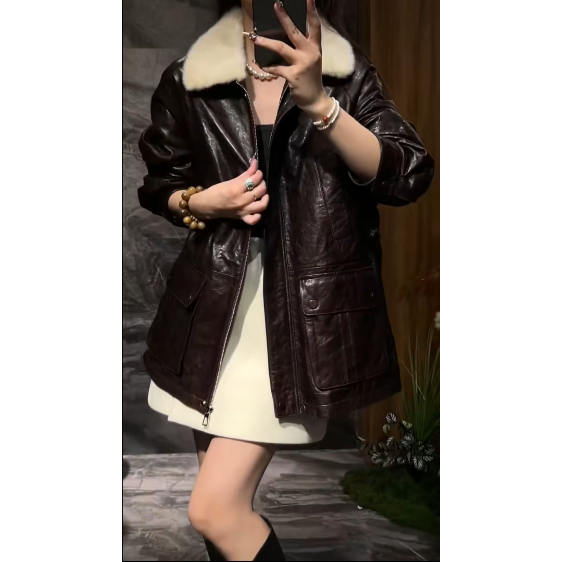 进口水貂毛领真皮羽绒服女2025冬油蜡绵羊皮白鹅绒工装中长款外套