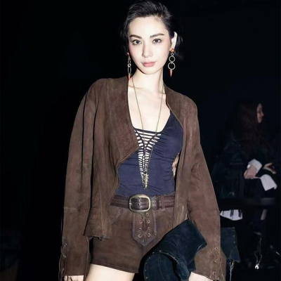 100%真皮绵羊皮反绒面皮2025秋林珍娜高级皮夹克时髦绑带短外套女