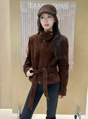 2025冬高级立领真皮羽绒服女山羊绒面皮鹅绒外套系带收腰工装夹克