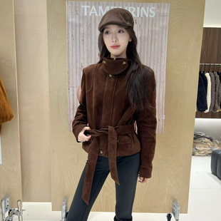 2025冬高级立领真皮羽绒服女山羊绒面皮鹅绒外套系带收腰工装夹克