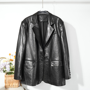 赫本风油蜡真羊皮宽松廓版 外套女士显瘦遮肉绵羊皮西服通勤 西装