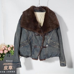 欧货2025冬季新真貂毛大毛领鹅绒牛仔派克羽绒服女皮草机车短外套