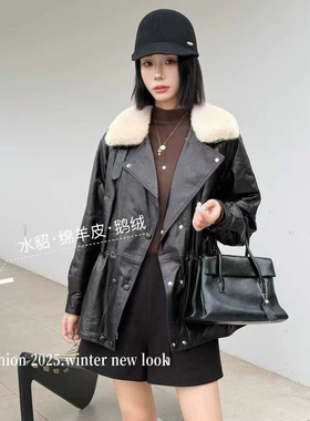 2025冬水貂毛领真皮羽绒服女双排扣保暖绵羊皮鹅绒中长款外套欧货