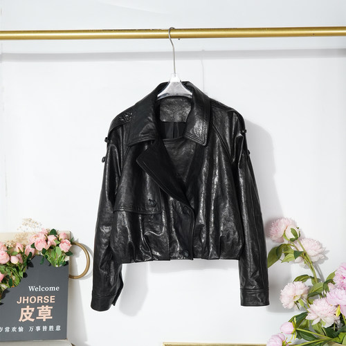 2026春季双排扣真皮皮衣女士宽松绵羊皮夹克通勤休闲机车短外套潮
