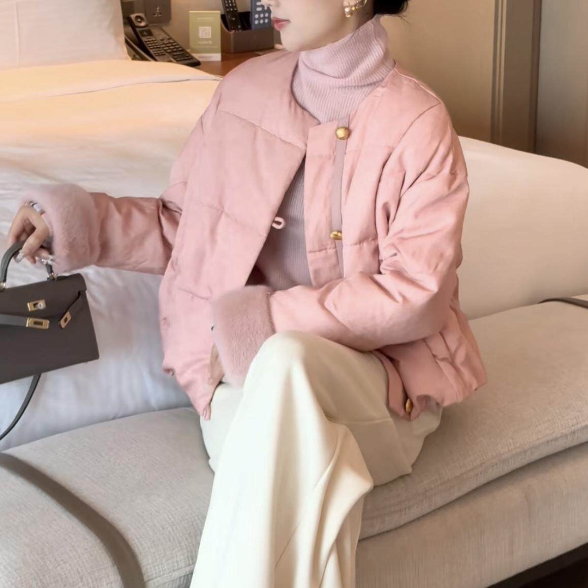 可脱卸水貂毛鹅绒短款羽绒服女