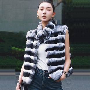 进口龙猫獭兔毛绒马甲2025冬新款立领马夹欧货保暖无袖皮草外套