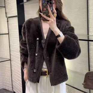 进口拉贡皮毛一体短外套女气质V领洛曼羊羔毛真皮皮草大衣2025