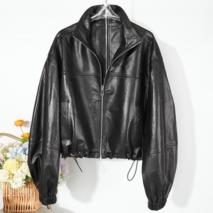 2025春季 设计感宽松拉链立领真皮皮衣女士绵羊皮夹克显瘦机车外套