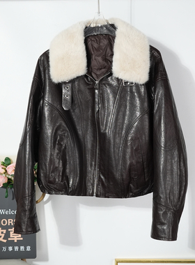 进口水貂毛领真皮鹅绒羽绒服女2025冬季绵羊皮机车通勤保暖外套