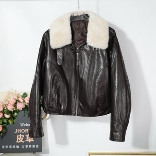 进口水貂毛领真皮鹅绒羽绒服女2025冬季绵羊皮机车通勤保暖外套