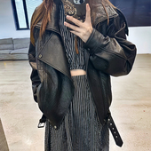 进口泡纹绵羊皮真皮皮衣杨树林廓形宽松大版 酷飒机车皮夹克外套潮