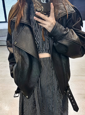 进口泡纹绵羊皮真皮皮衣杨树林廓形宽松大版酷飒机车皮夹克外套潮