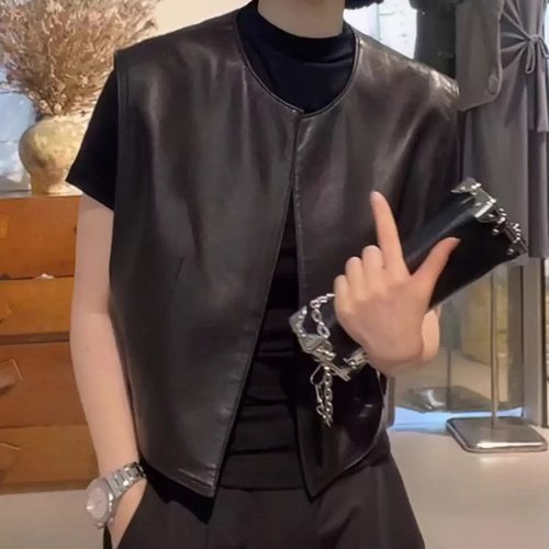 100%绵羊皮植鞣真皮马甲女2026春极简百搭高级背心马夹坎肩短外套