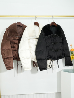 2023冬季真水貂毛领缎面羽绒服女士小个子加厚白鹅绒外套保暖夹克